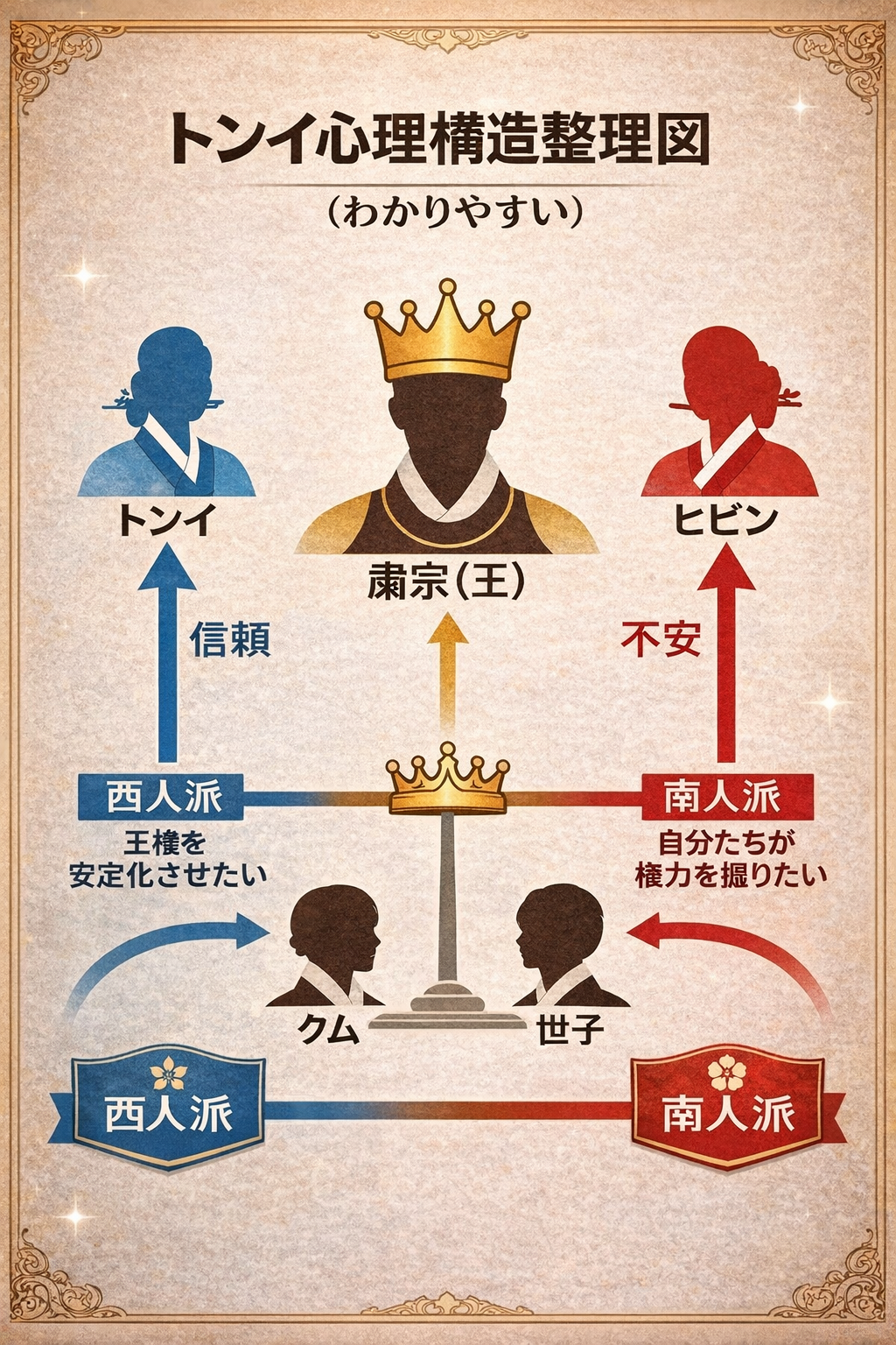 王を中心に南人と西人が左右に分かれるトンイの分かりやすい人物相関図